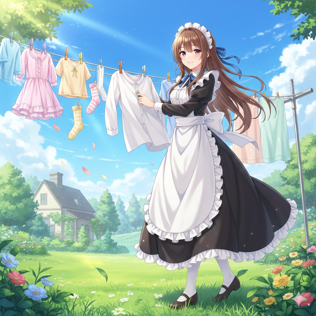 洗濯物を干すメイドさん