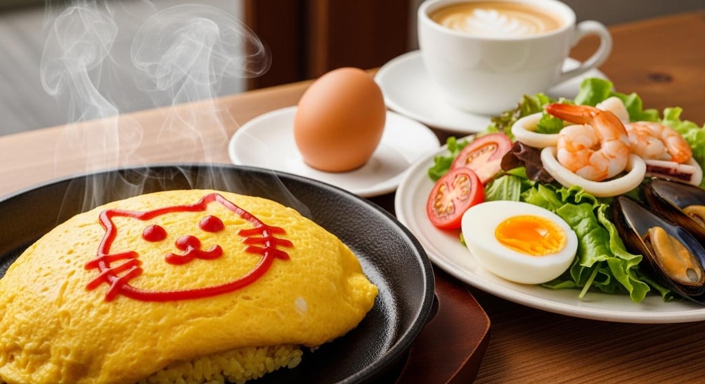 摩訶不思議食堂のオムライスとシーフードサラダのセット