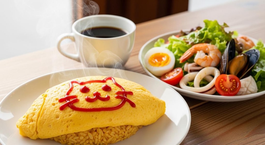 摩訶不思議食堂のオムライスとシーフードサラダのセット
