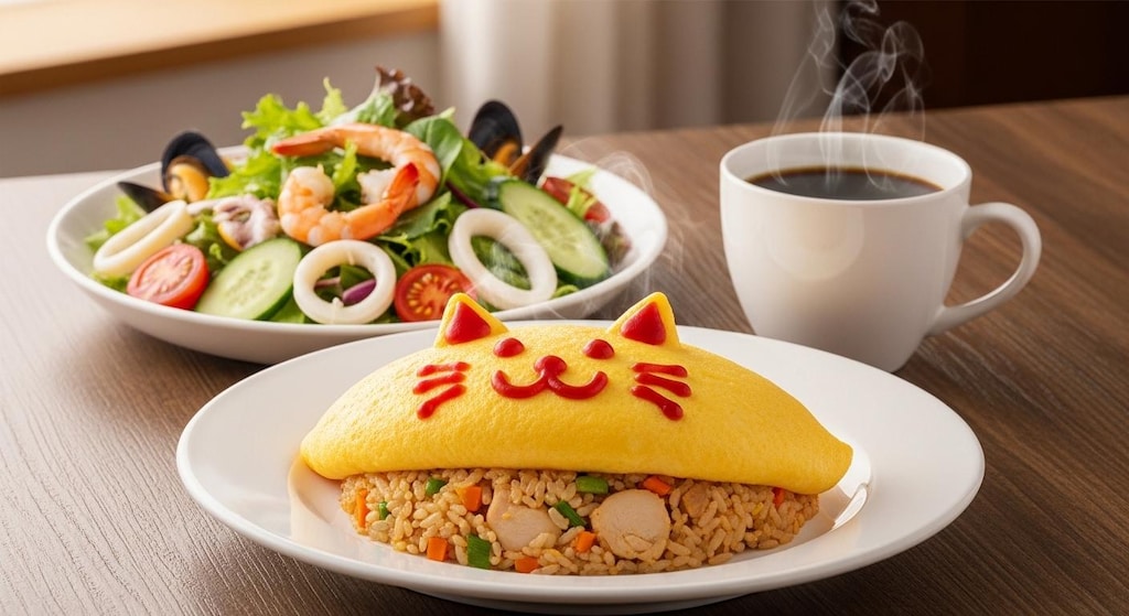 摩訶不思議食堂のオムライスとシーフードサラダのセット
