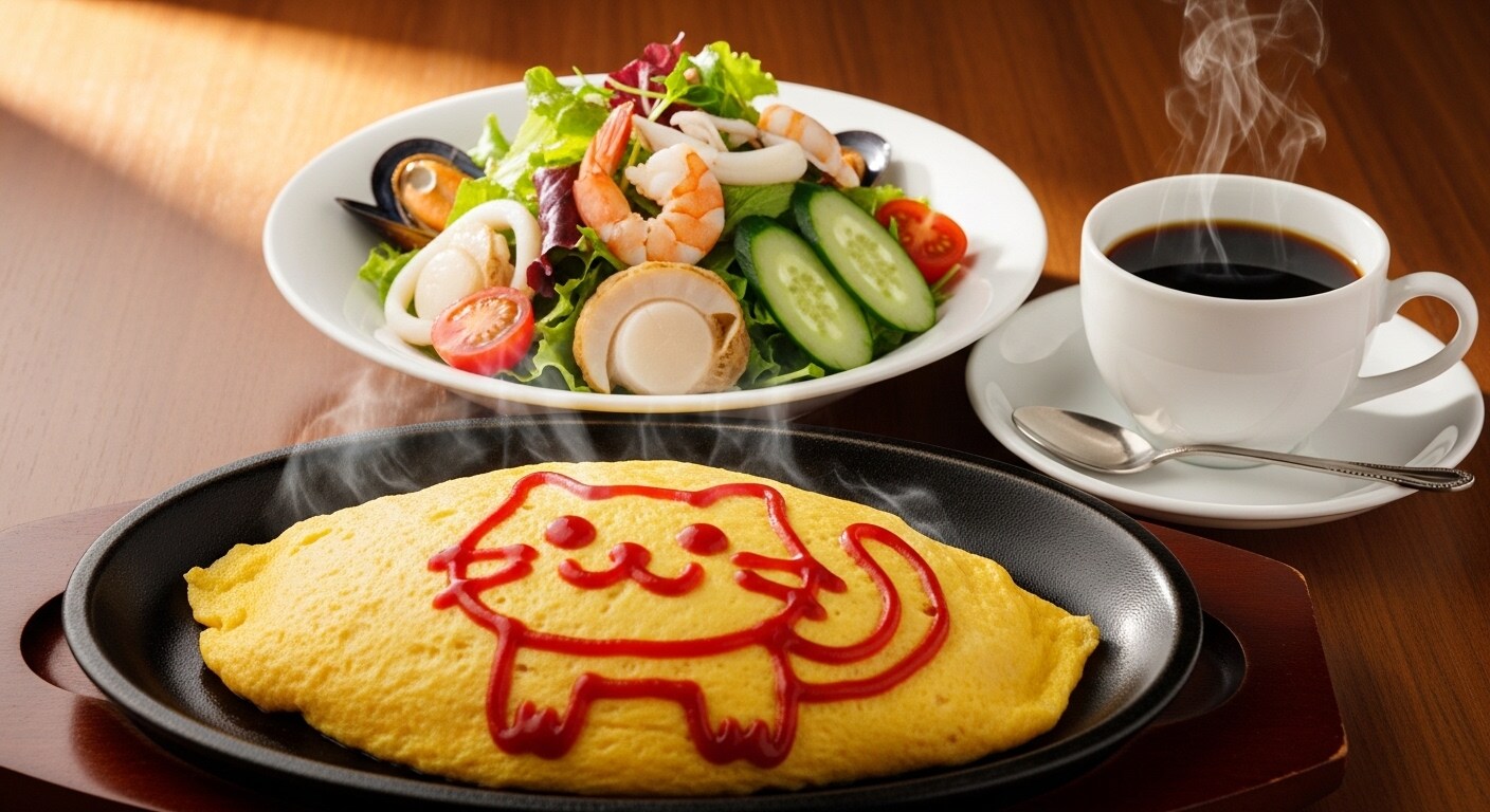 摩訶不思議食堂のオムライスとシーフードサラダのセット | の人気AIイラスト・グラビア