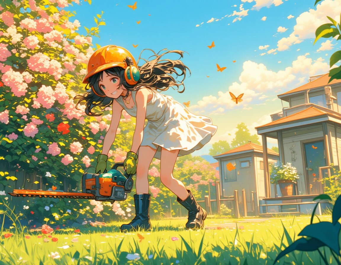 夕暮れの庭で：つつじを整枝する少女
