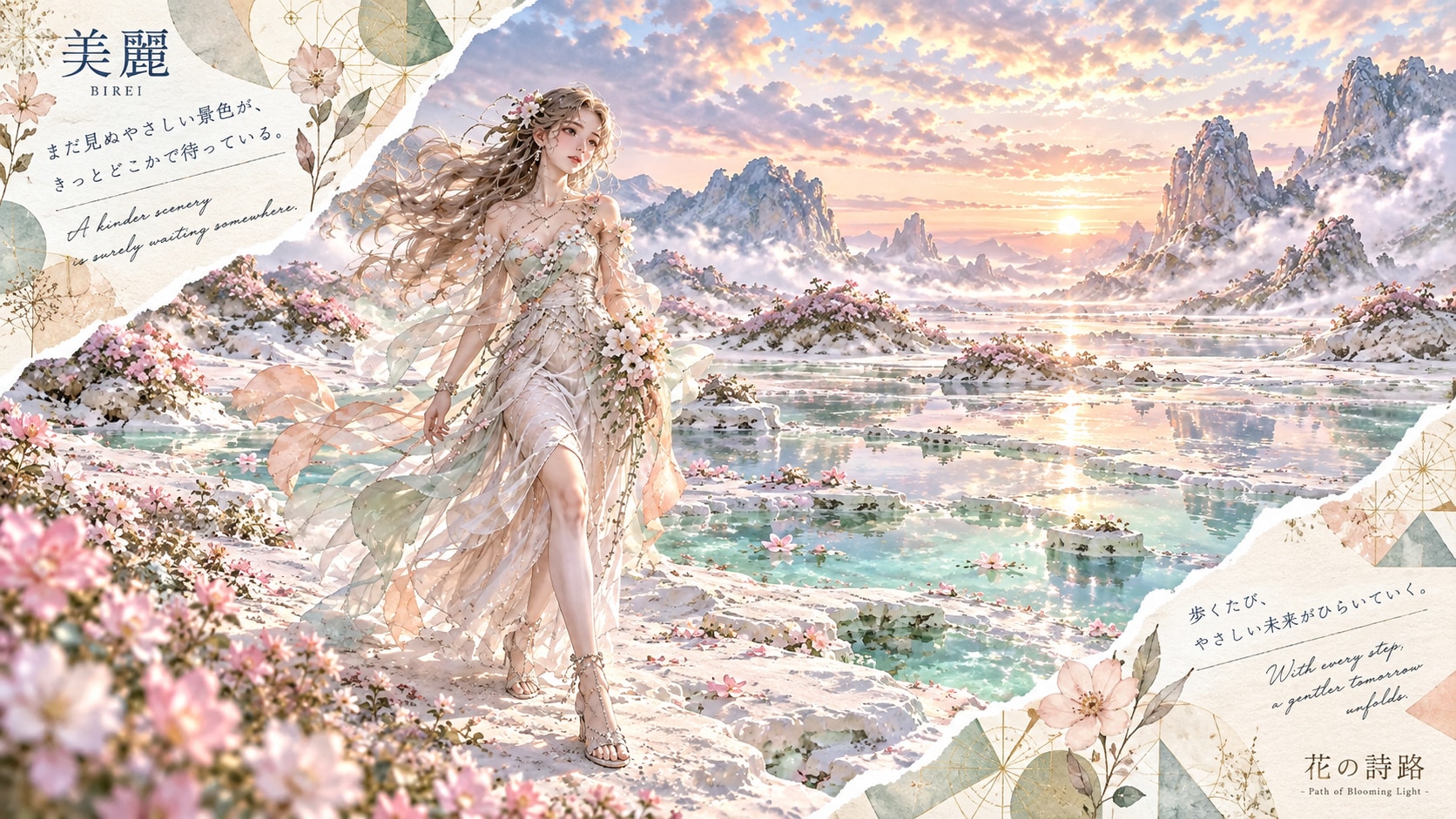 Path of Blooming Light  A kinder scenery is surely waiting somewhere.  At the edge of a lake touched | の人気AIイラスト・グラビア