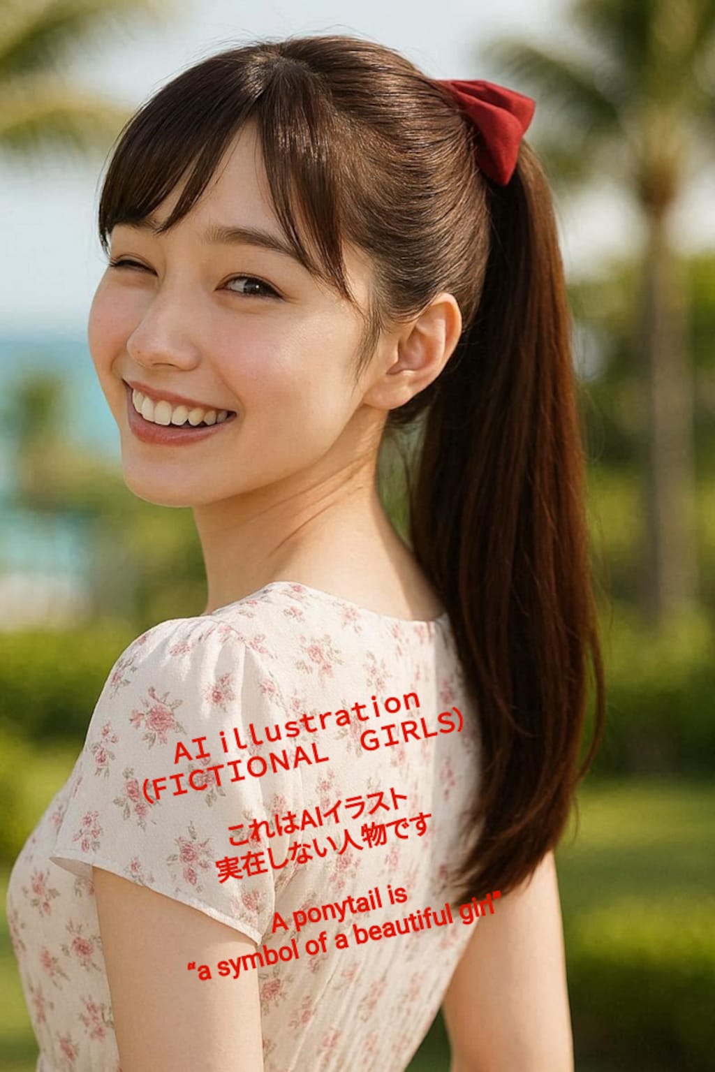 振り向きウインクするポニーテール美少女