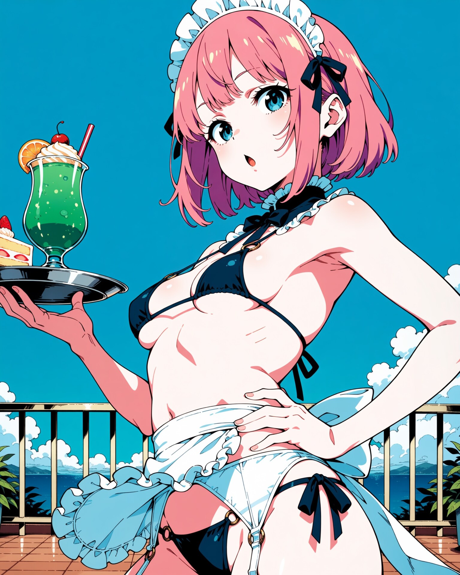 海辺のテラスのビキニメイドカフェ