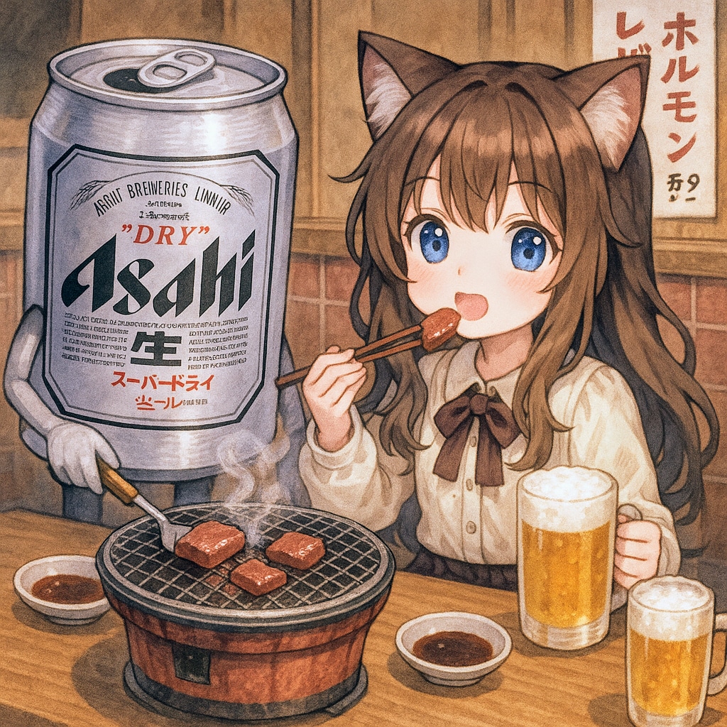 ホルモン屋でレバーとハートを食べる小さな女の子