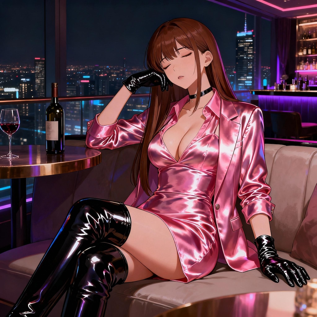 高層ナイトバーラウンジの艶々美女