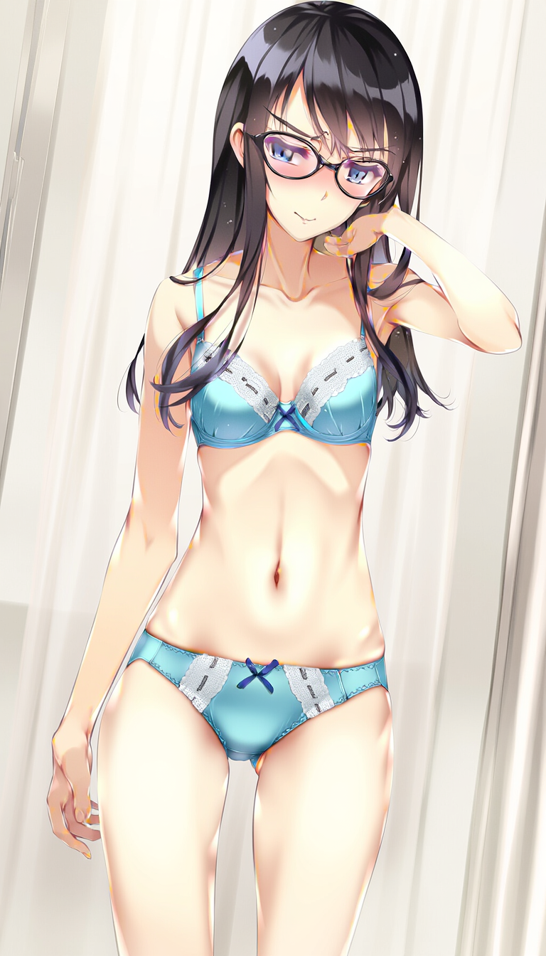 【V4 full】 black-framed oval eyewear, lace-trimmed_blue panties and bra