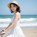 浜辺を自転車で走る女性 2枚目