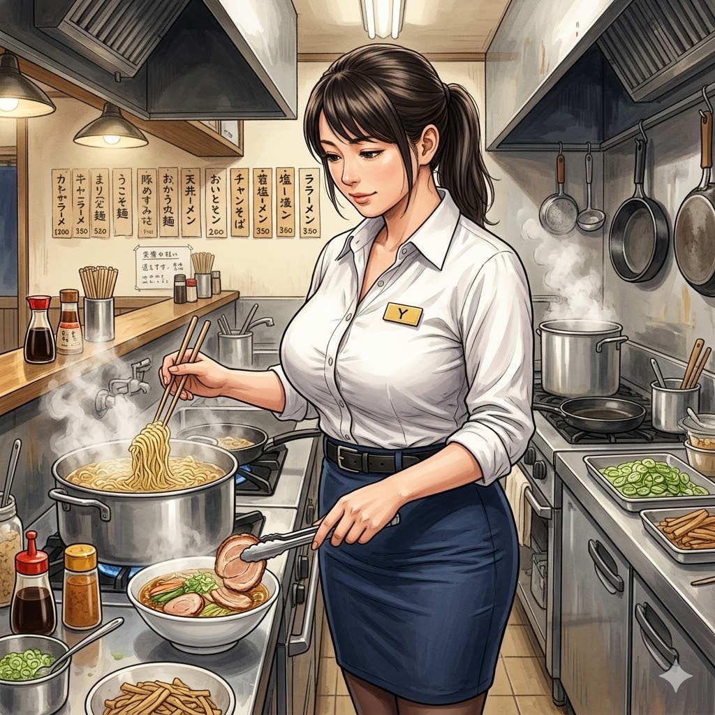 ラーメンを作るお姉さん