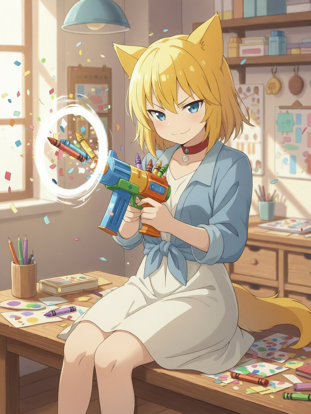 雑な感じに弾を突っ込んでも不思議な機構によってなんかいい感じに装填されるクレヨンを発射するおもちゃの銃をカッコつけて撃っているけれど実際のところ放たれたクレヨンは壁…