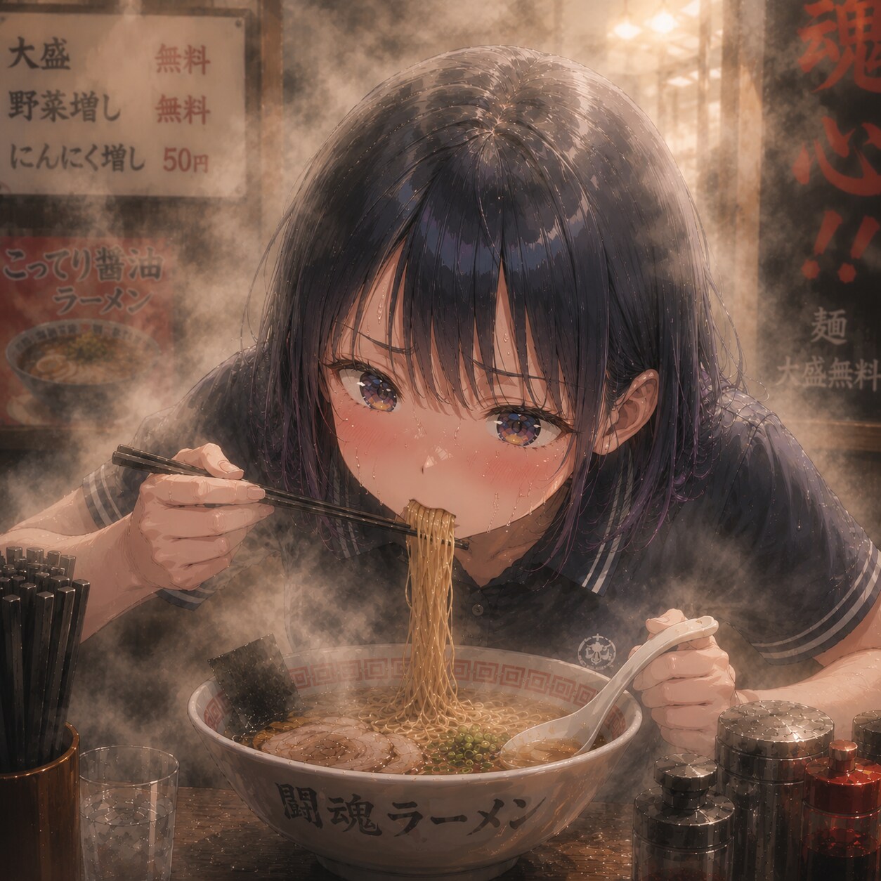 湿気や暑さにも負けずラーメンをすする女の子