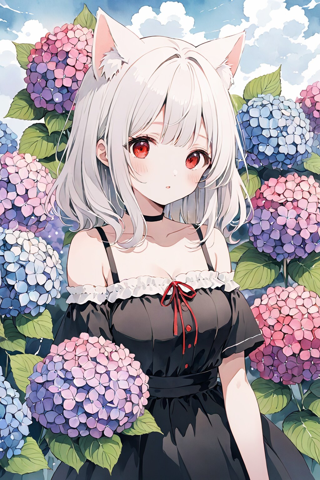 ネコ耳少女と紫陽花 | の人気AIイラスト・グラビア