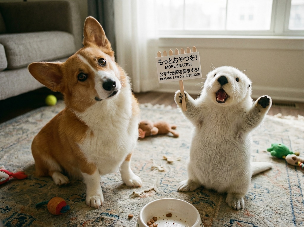 コーギーに抗議する白いラッコ