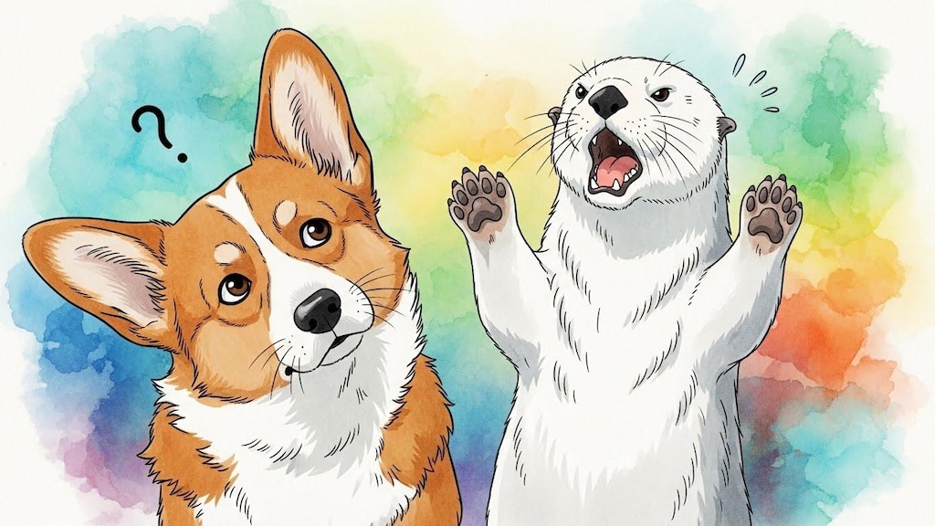 コーギーに抗議する白いラッコ