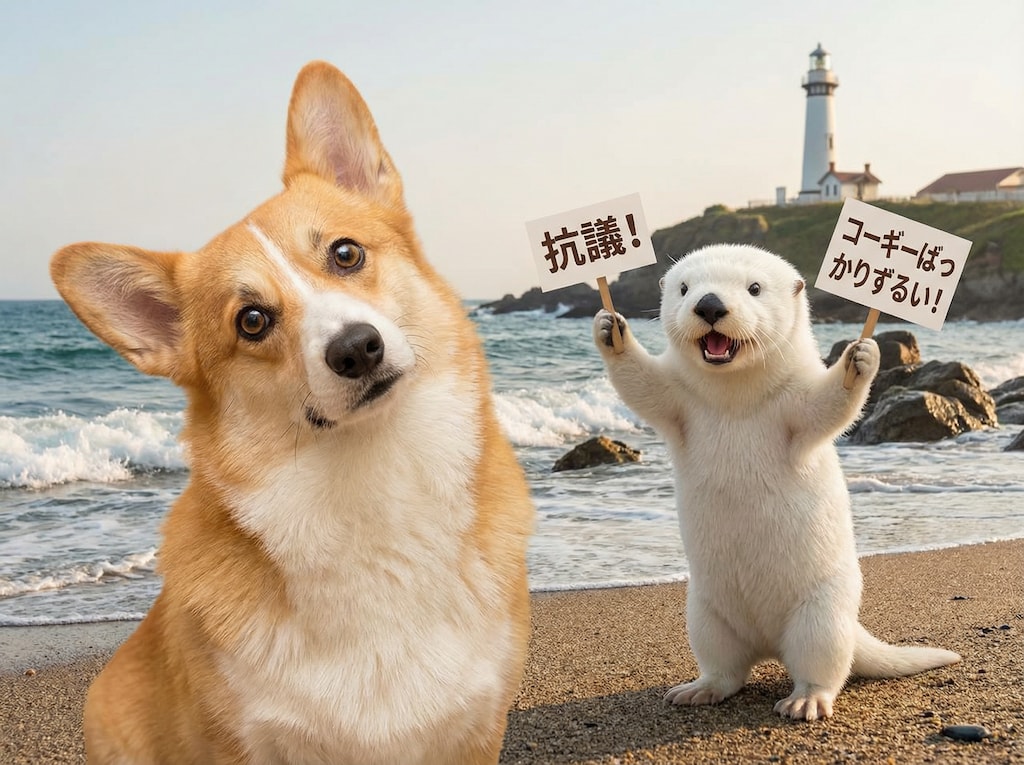 コーギーに抗議する白いラッコ