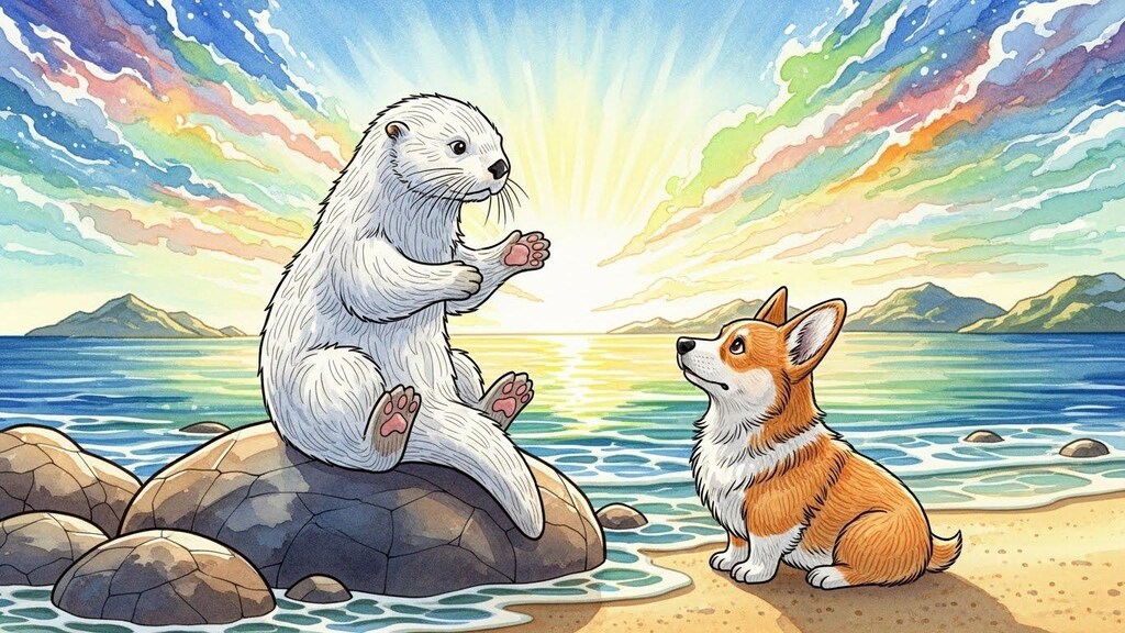 コーギーに抗議する白いラッコ