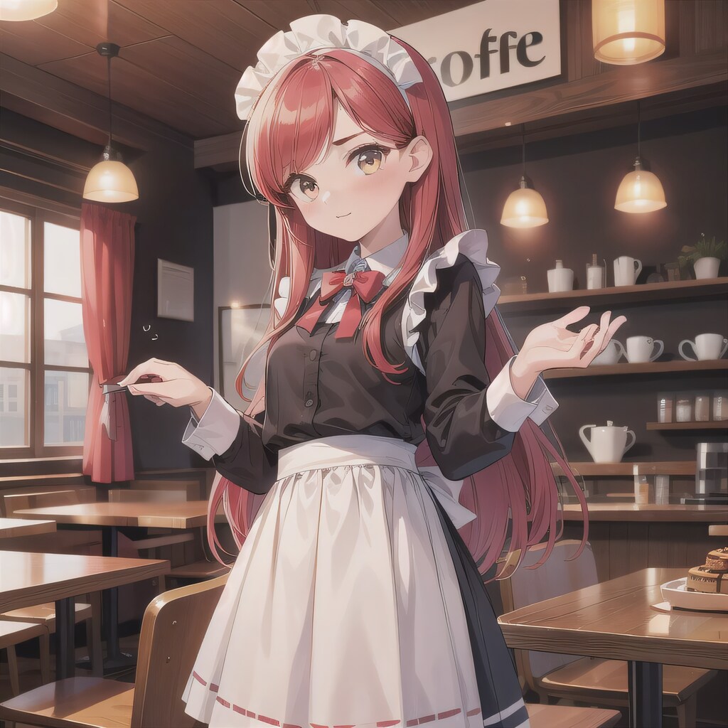 赤髪ロングでカフェの少女