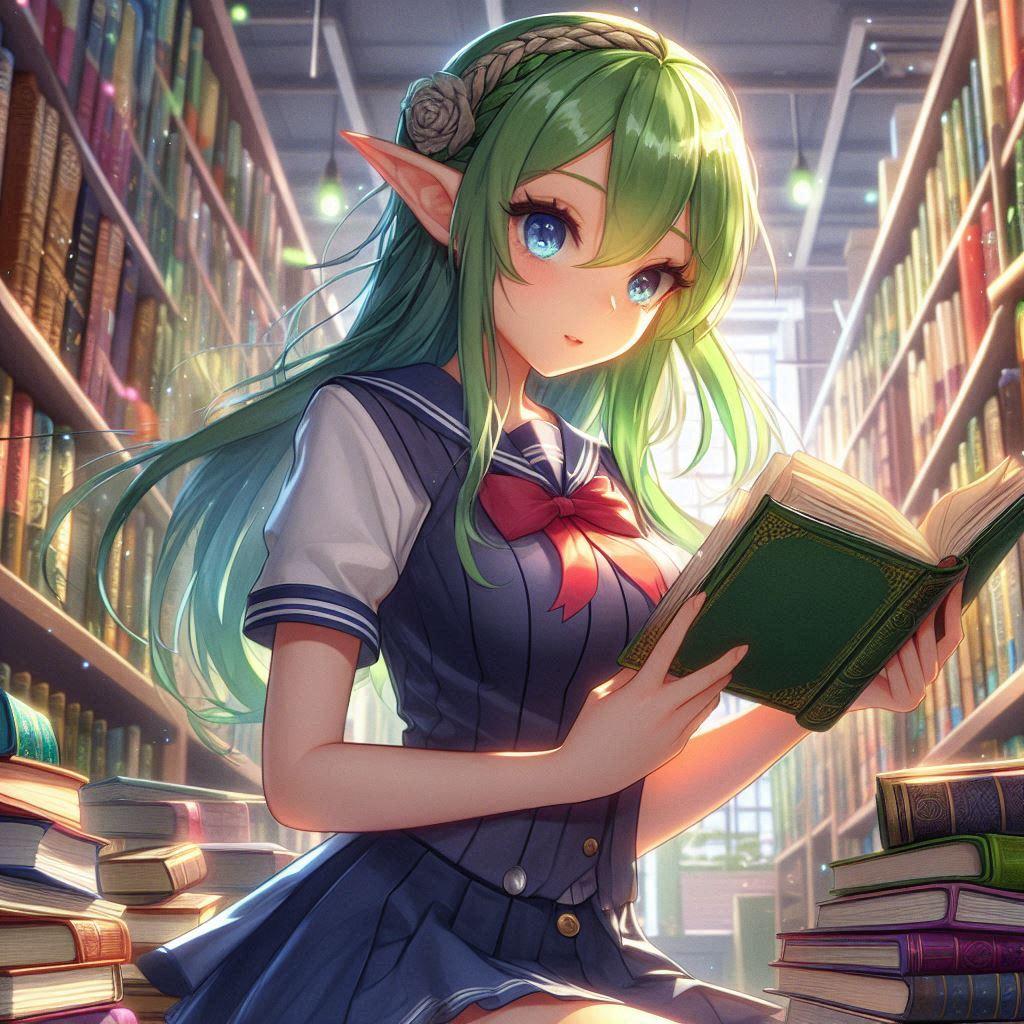 図書館で調べものをするエルフさん