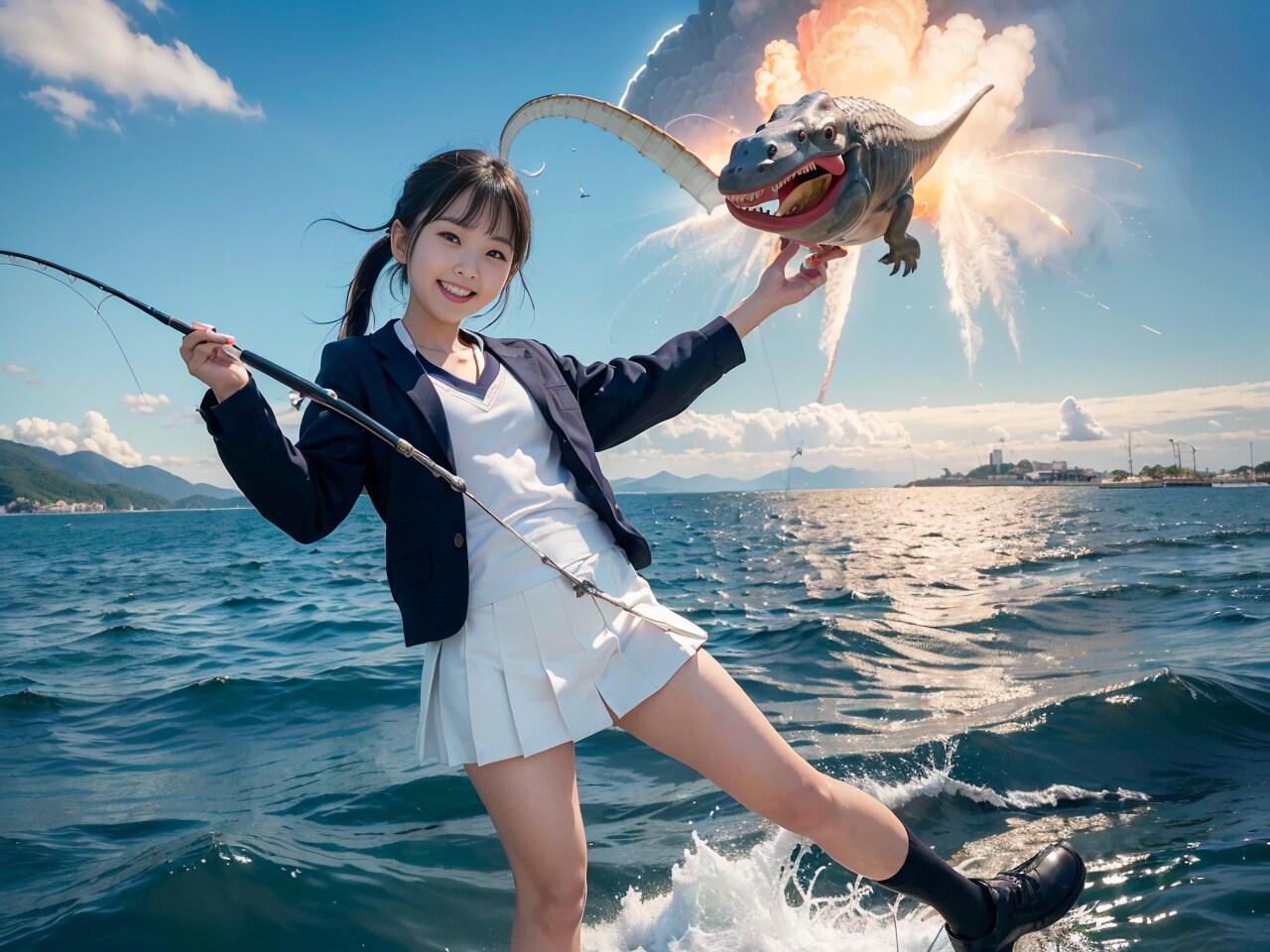 【謎画像】釣り上げた恐竜に最後の抵抗で爆発的放屁をされた瞬間の女子高生