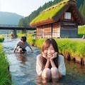 小川にしゃがむ女の子 7枚目