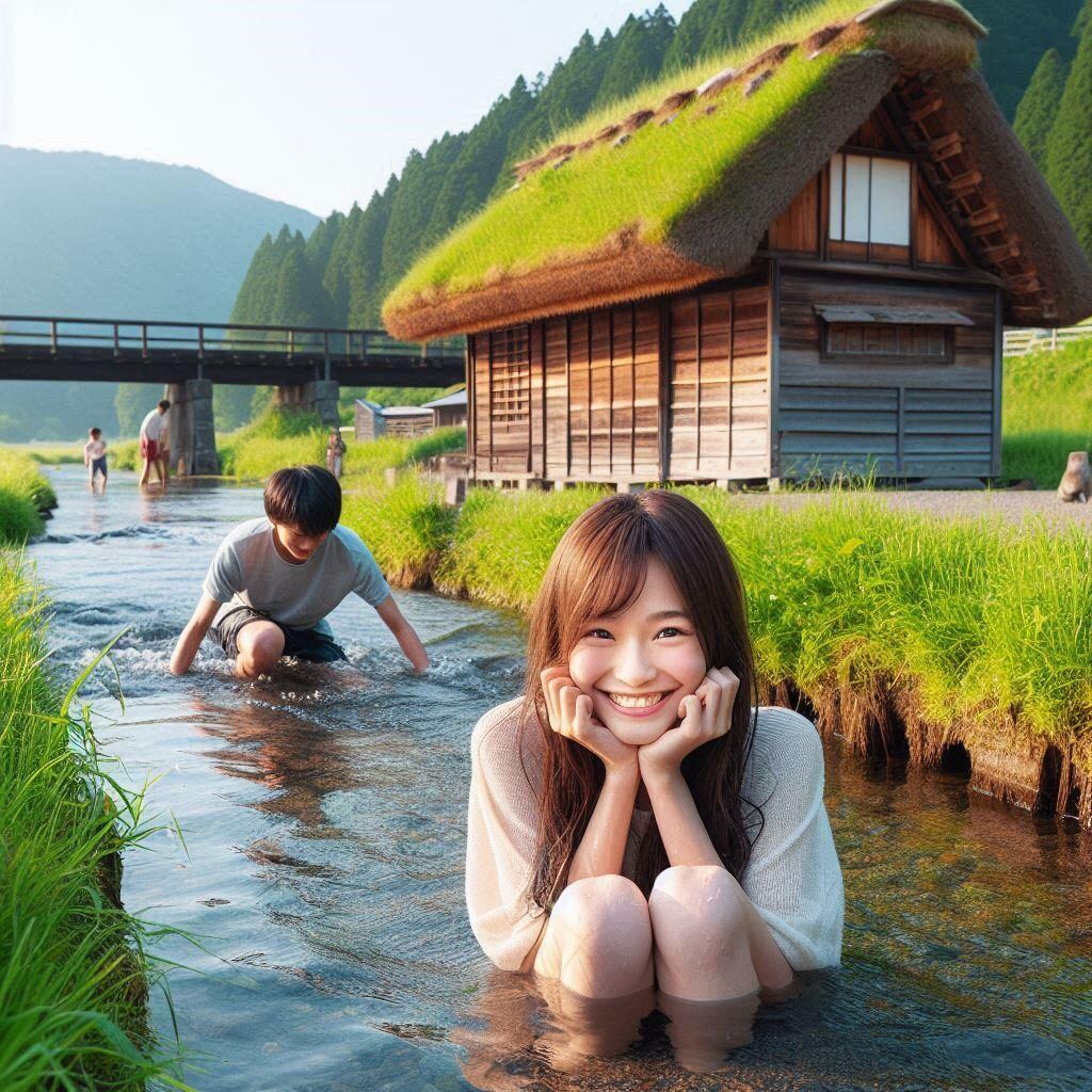 小川にしゃがむ女の子