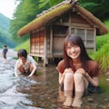 小川にしゃがむ女の子 5枚目