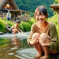 小川にしゃがむ女の子 6枚目