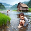 小川にしゃがむ女の子 8枚目