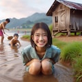 小川にしゃがむ女の子 4枚目