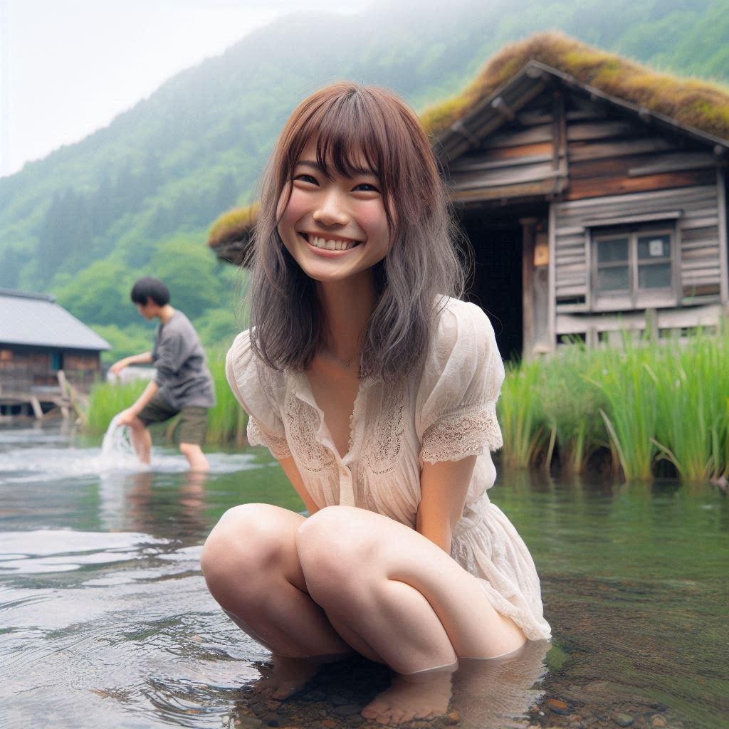 小川にしゃがむ女の子