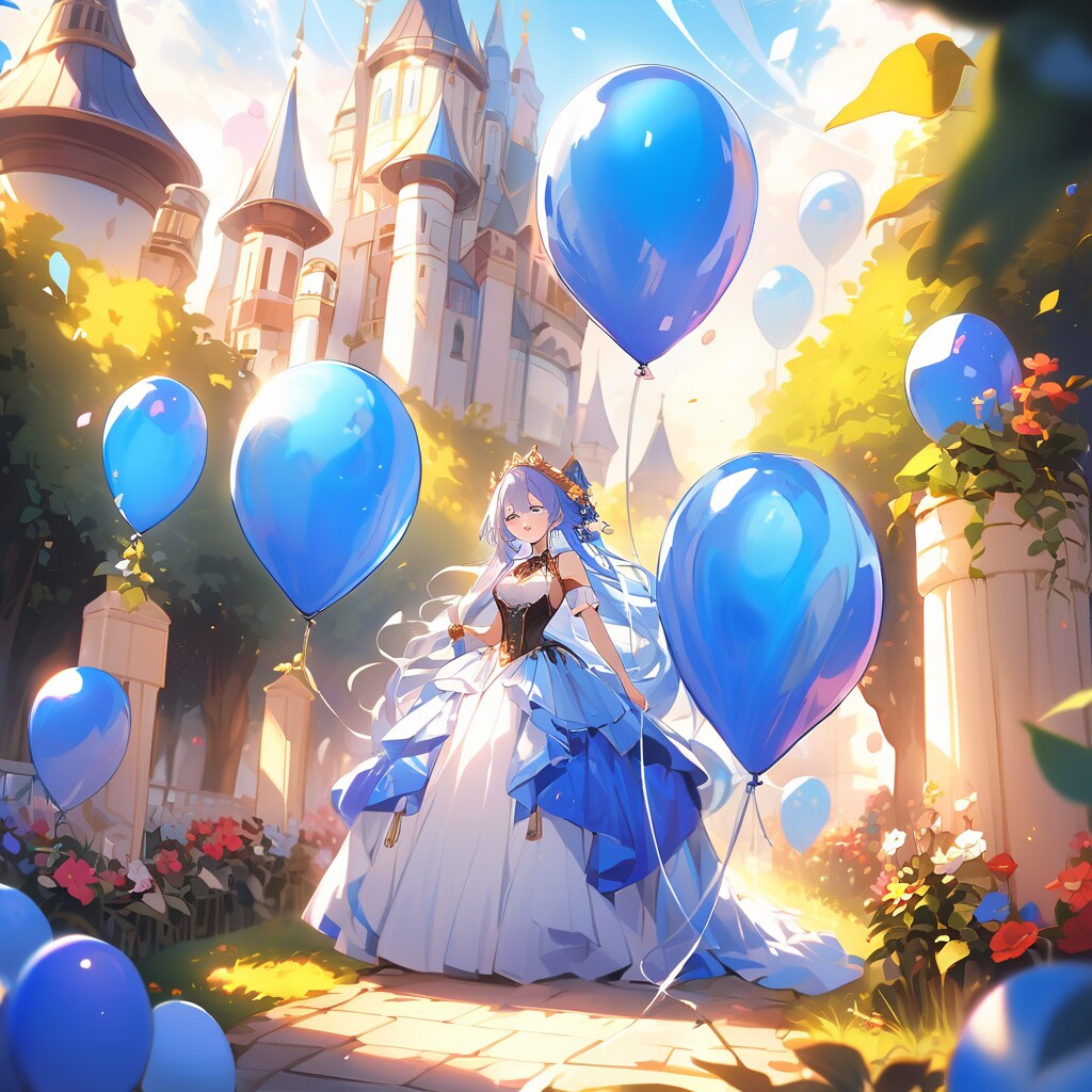 お城の庭園で青い風船を膨らませて遊ぶ青髪ロングのお姫様 | の人気AIイラスト・グラビア