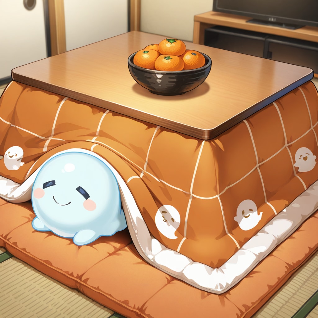 炬燵で寛ぐお化けさん