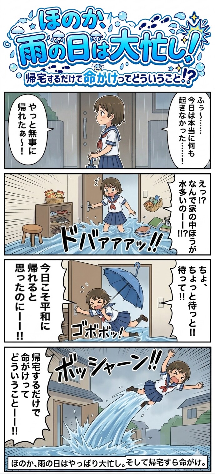 ほのか、雨の日は大忙し！ 帰宅するだけで命がけってどういうこと！？（四コマ漫画【たた８】３３の２）