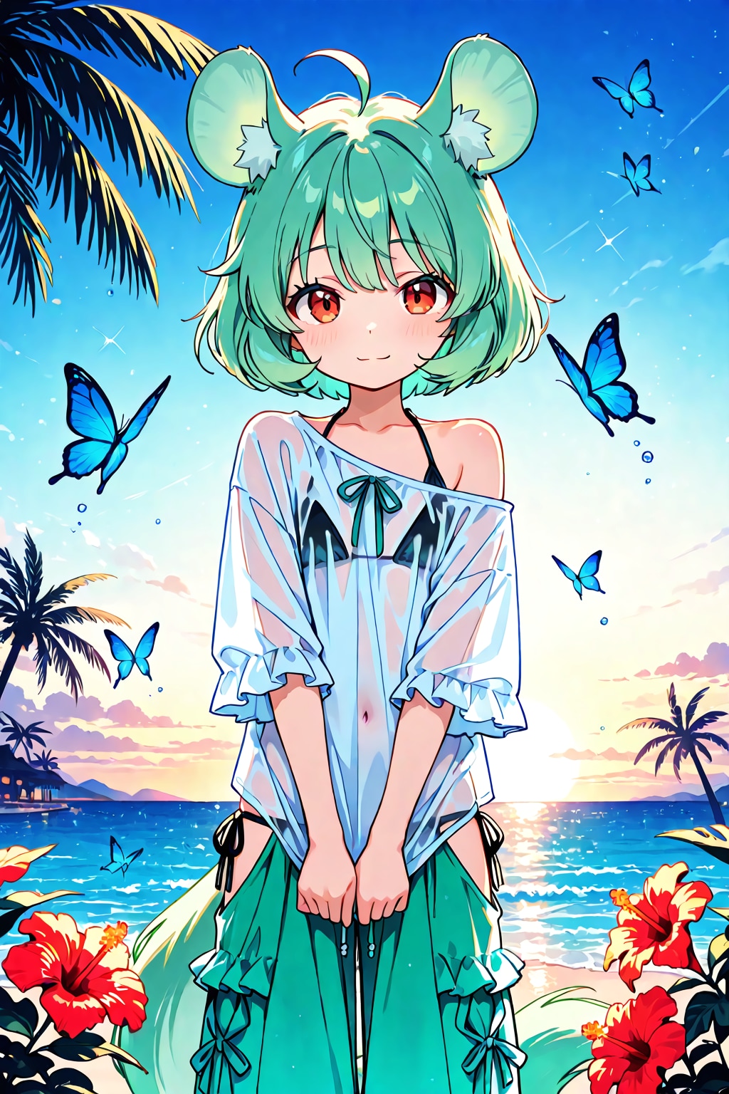 青い海と大きな耳の少女 | の人気AIイラスト・グラビア