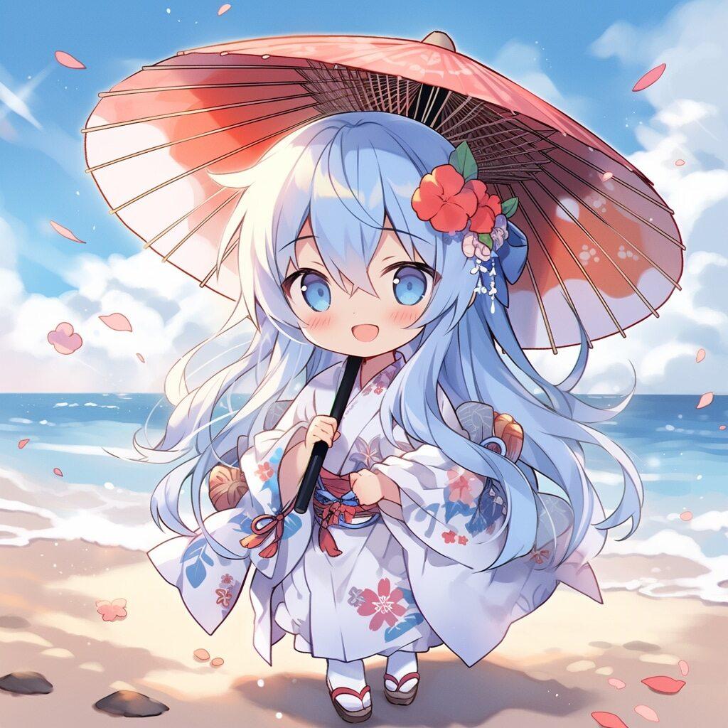 浜辺で着物を着た女の子