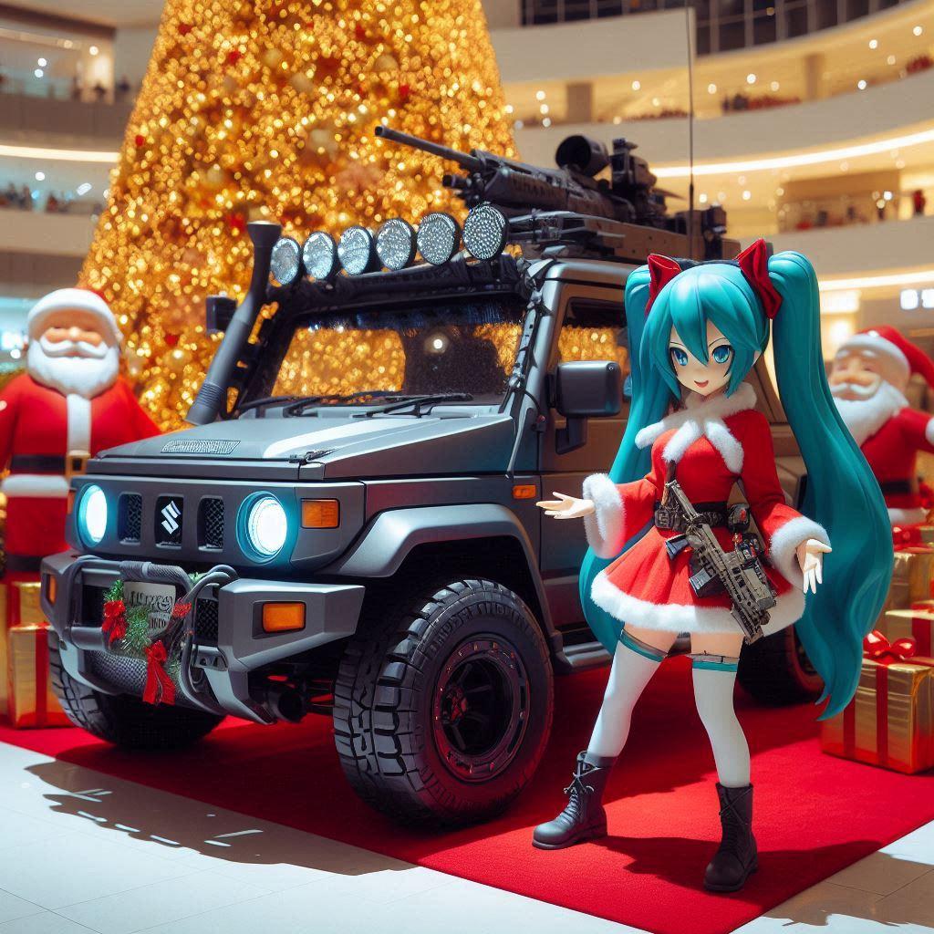 スズキジムニー軍用車とサンタ初音ミク