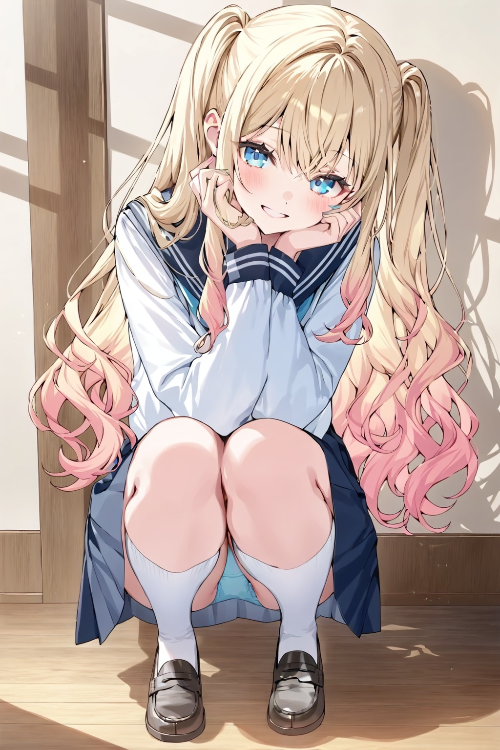 「日本の高校の制服(セーラー服)を着た金髪碧眼の美少女」の全身写真、高精細、高画質
