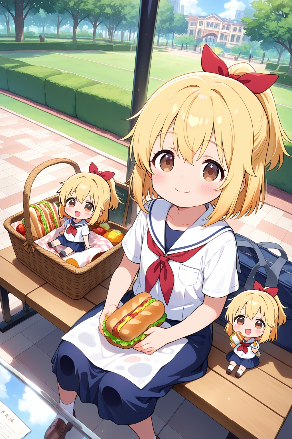 サンドイッチで昼食の金ポニテちゃんwithちっこいの×２ | の人気AIイラスト・グラビア