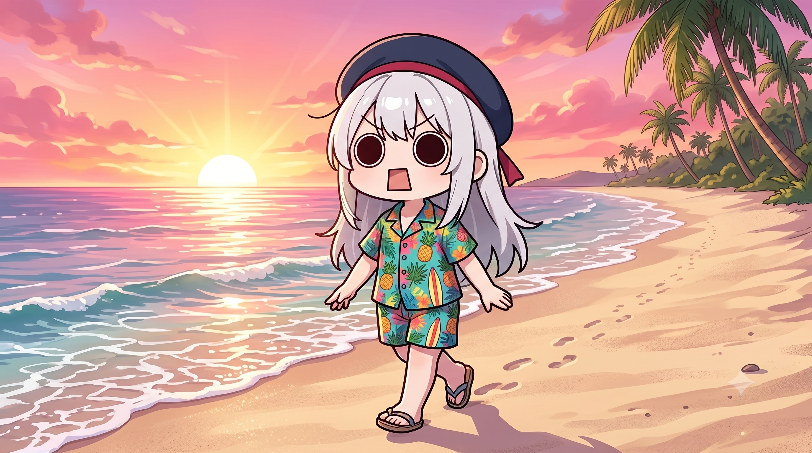 アロハ衣装で朝焼けの砂浜を歩くえらいこっちゃ嬢