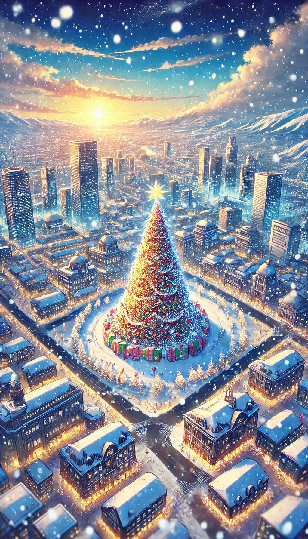 巨大なクリスマスツリーのある街