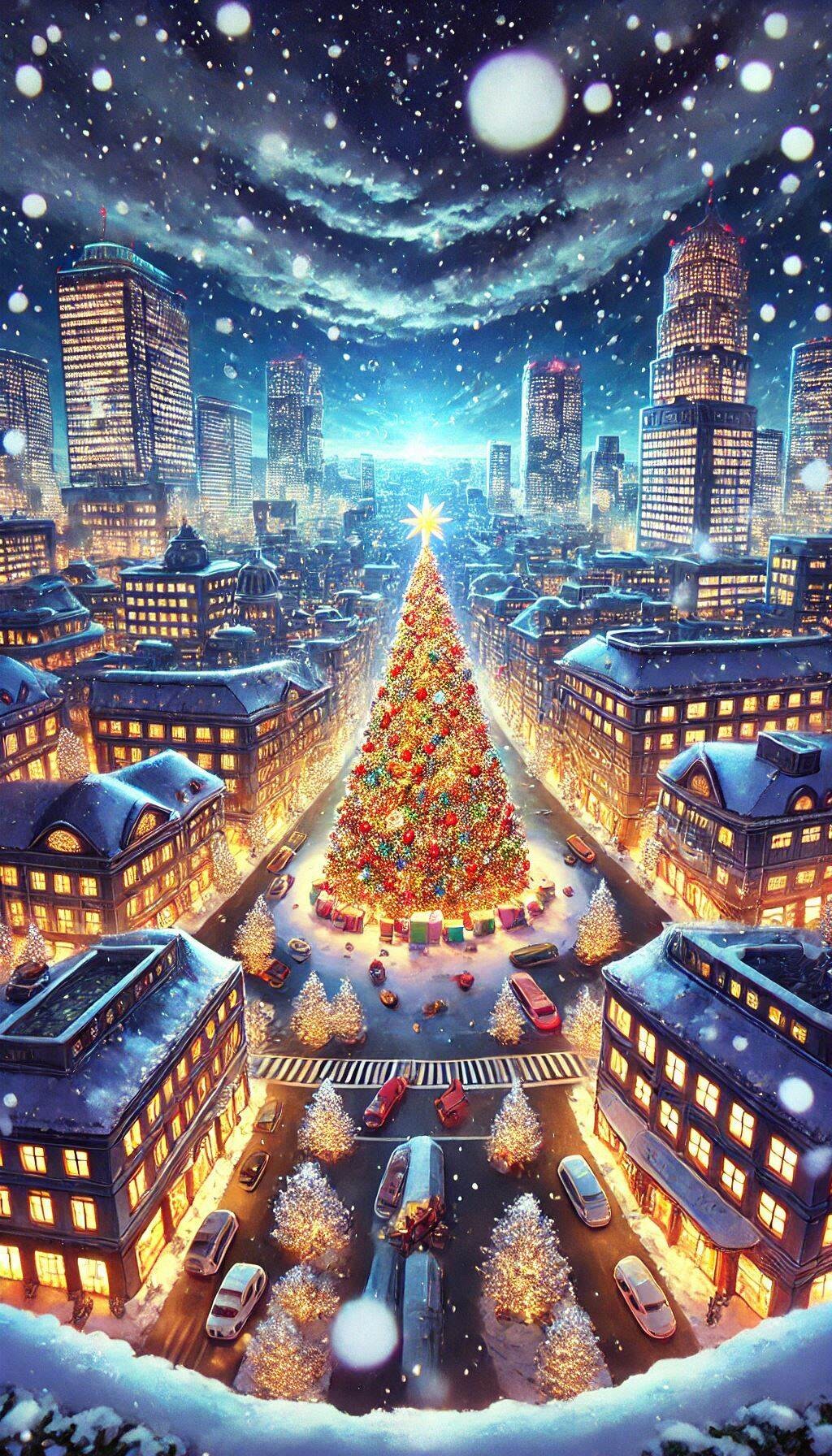 巨大なクリスマスツリーのある街