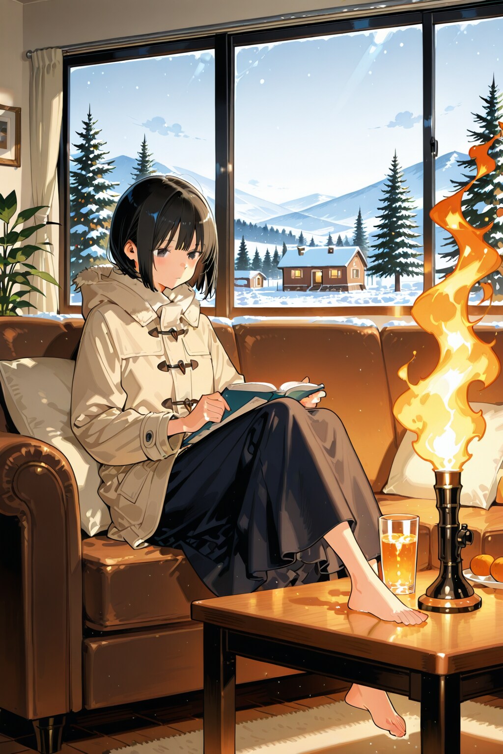 雪景色、暖かな室内でくつろぐ女の子 | の人気AIイラスト・グラビア