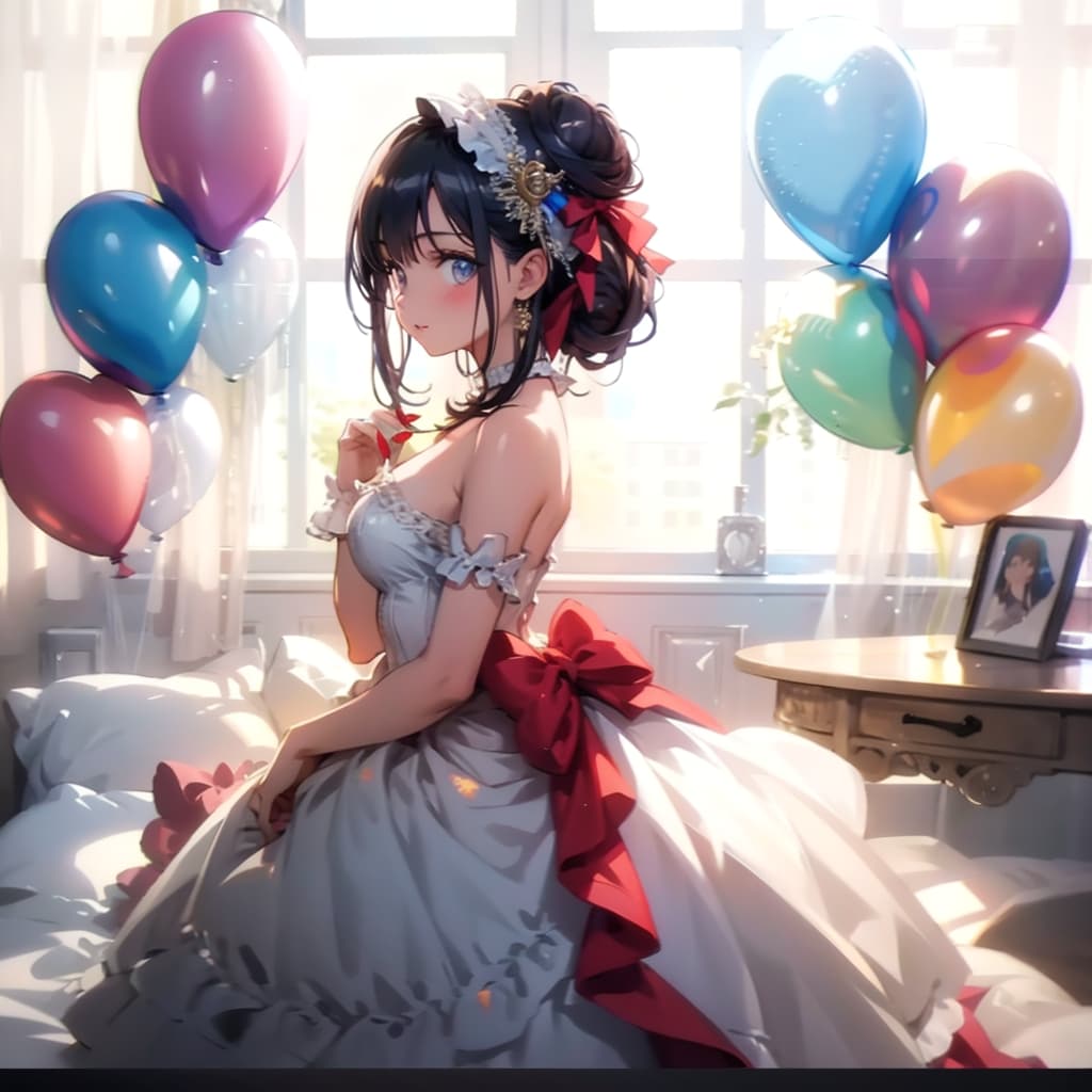 いっぱい色とりどりの風船を持つ赤いウェディングドレス着た黒髪お団子ヘアの美女