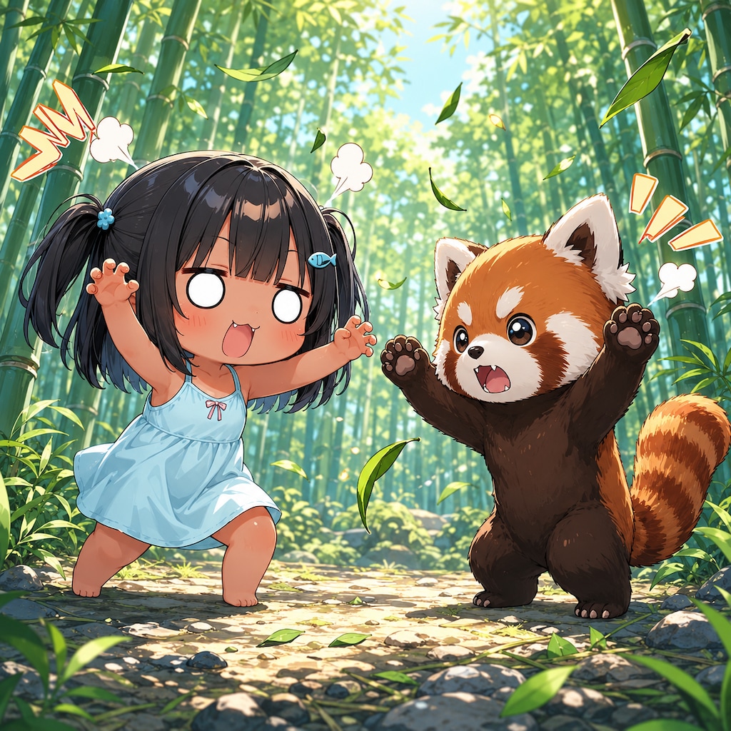 レッサーパンダと威嚇しあうこなつちゃん