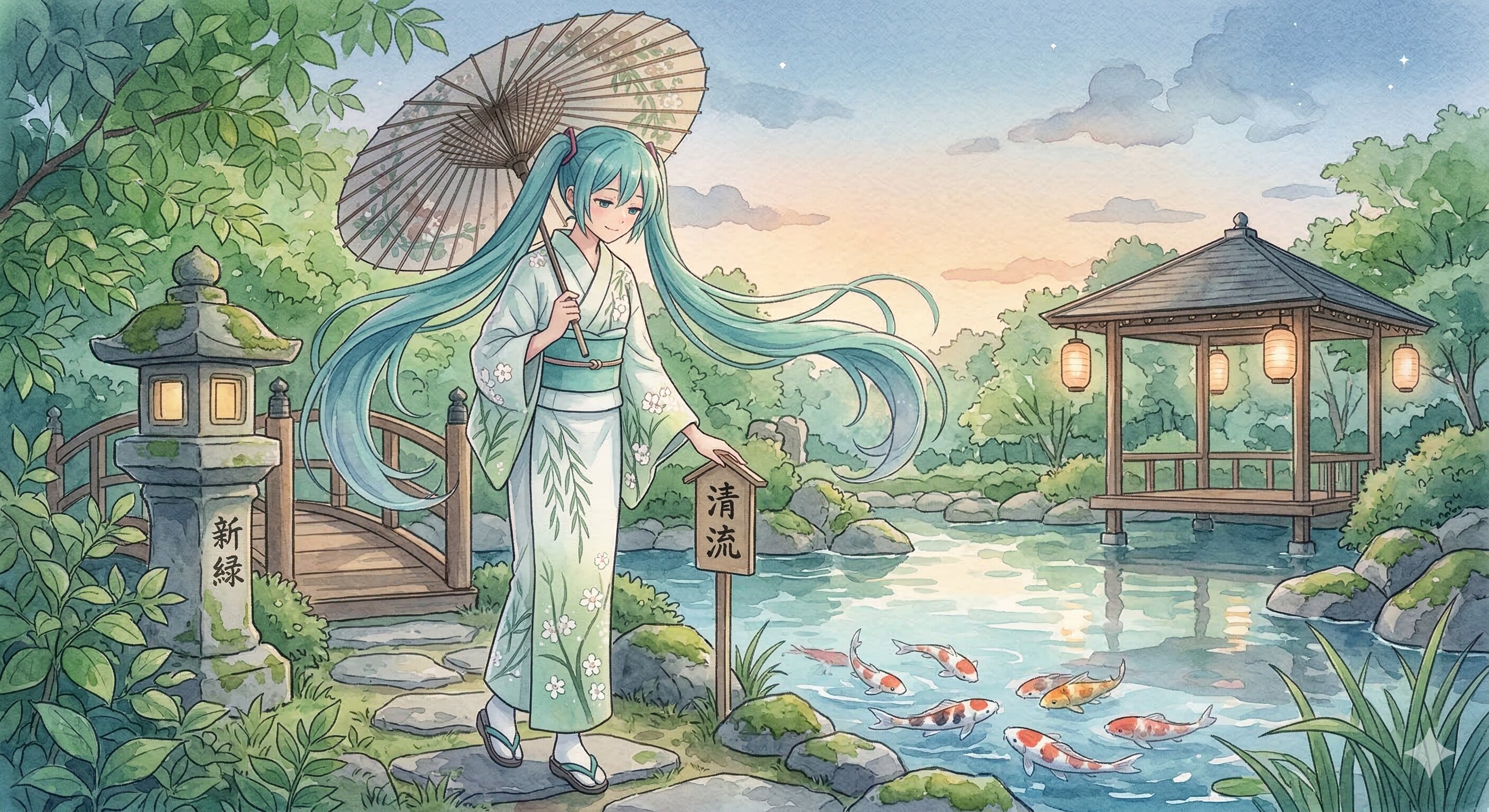 水彩画ミクさん　水彩に滲む 夕暮れの日本庭園の静寂と微笑み | の人気AIイラスト・グラビア