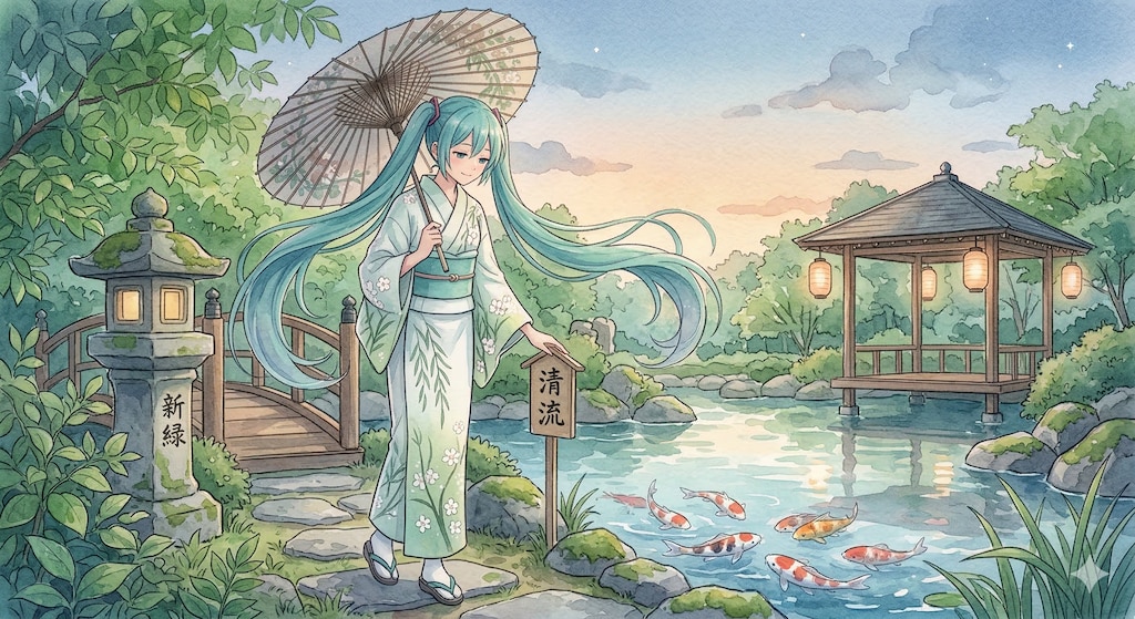 水彩画ミクさん　水彩に滲む 夕暮れの日本庭園の静寂と微笑み