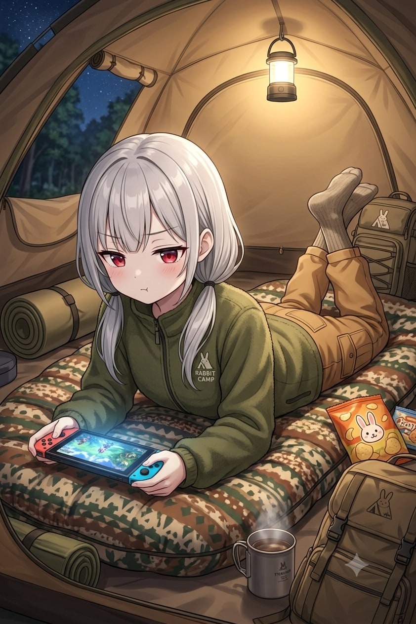 テントでゲームするアイちゃん