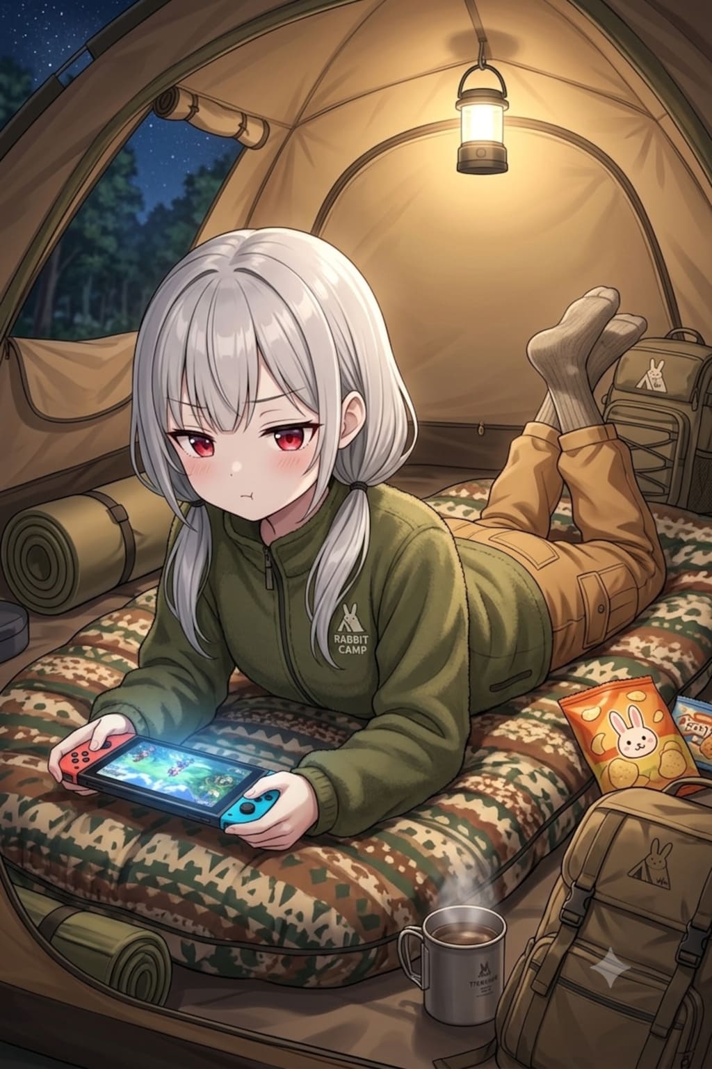 テントでゲームするアイちゃん