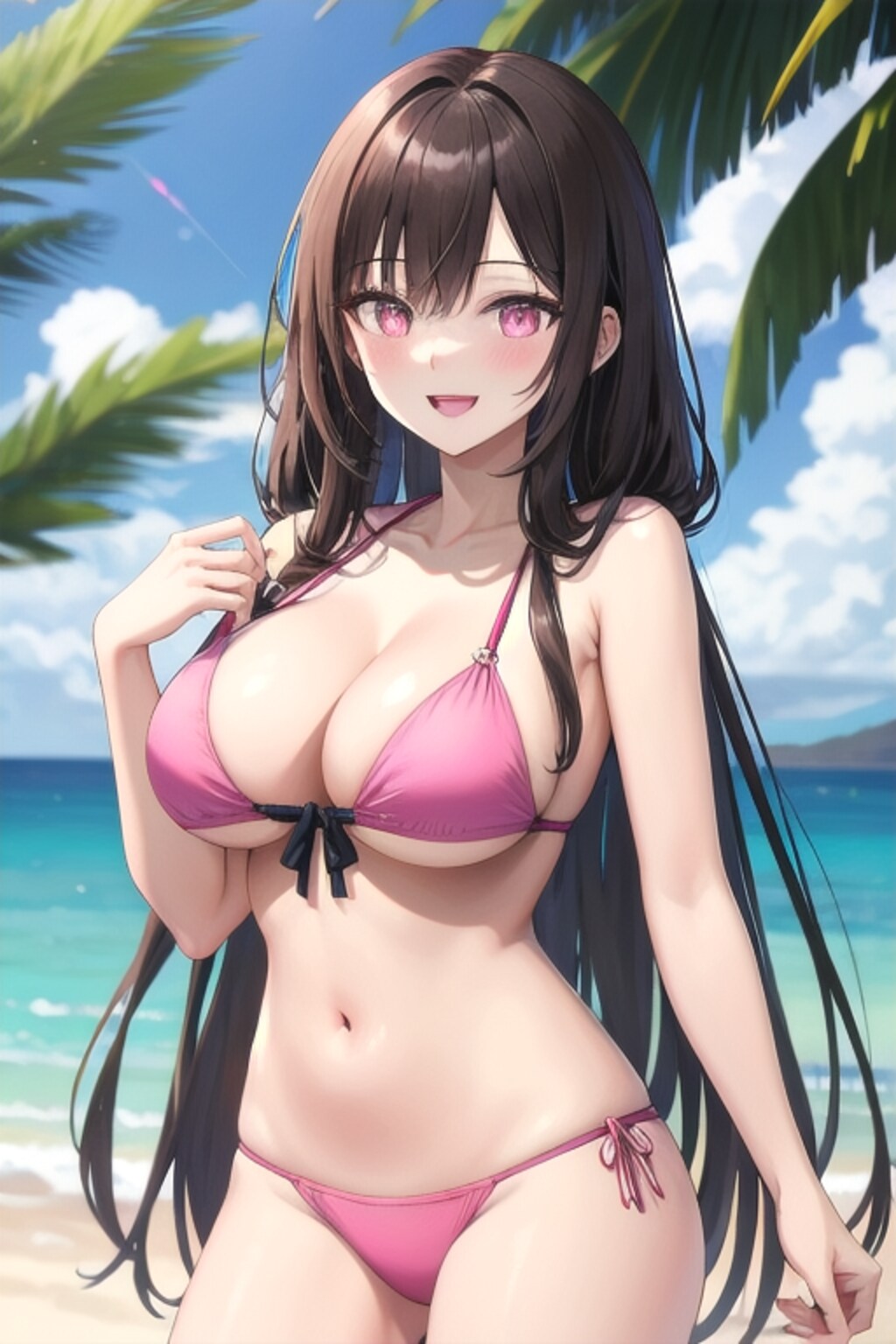 ハワイのビーチと茶髪ロングのビキニのお姉さん